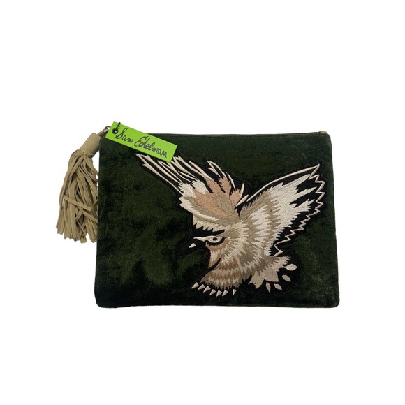 Sam Edelman Emerald Green Velvet Eagle Suede Embroidered Clutch Handbag NIB - Picture 4 of 8